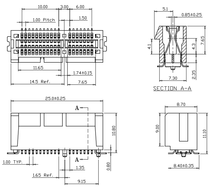 BR0361 PCIe 3.0 36P vertical SMT connector dimensional drawing showing 25.0mm length, 10.80mm width, 7.65mm housing height, 1.00mm pin pitch, and copper-alloy latch profile for CONSHARE BR0361A35K1ER and BR0361A41K1ER