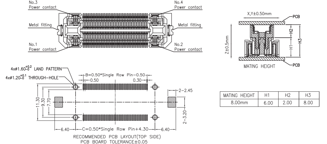 Cross-section mating structure and official PCB pad layout of CONSHARE 0.5mm pitch dual-row vertical floating board to board receptacle, featuring &plusmn;0.5mm X/Y/Z floating compensation and 8mm total stacking height