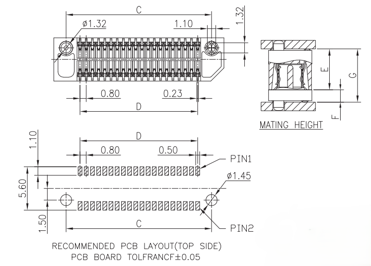 CONSHARE 0.80mm pitch vertical SMT BTB female connector 2&times;10P recommended PCB footprint layout and mating height cross-section technical drawing