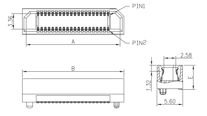 CONSHARE 0.80mm vertical SMT BTB female connector 2&times;10P overall outer outline dimension engineering drawing marked with A/B/E dimension specs