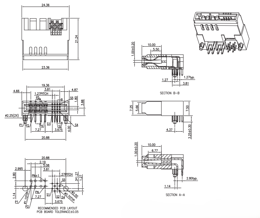 Mechanical drawing of CONSHARE right angle female hybrid connector – 2x2 positions, 5.08mm power pitch and 1.27mm signal pitch, showing overall length 24.36mm, width 21.24mm, height 23.36mm, and PCB mounting dimensions.