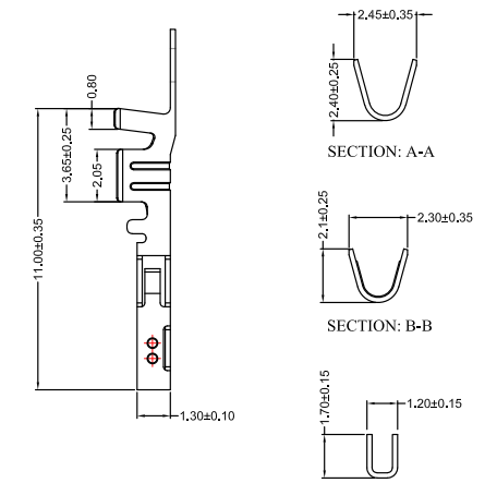 CONSHARE 3mm crimp terminal side profile and A/B/C cross-section structural dimension details