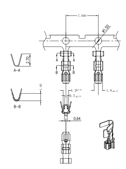 CONSHARE B701000610010 2.54mm crimp terminal top view drawing, including tape reel pitch, positioning hole, and A-A/B-B crimp cross-sections