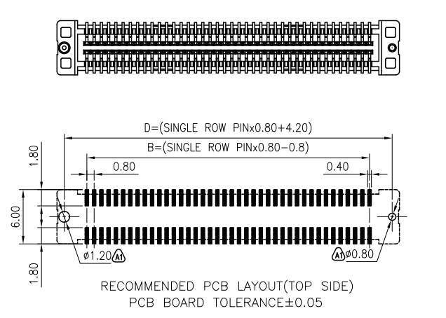 CONSHARE 120Pin 0.8mm BTB Male Connector Official Top Side PCB Pad Layout Drawing, PCB Tolerance &plusmn;0.05mm