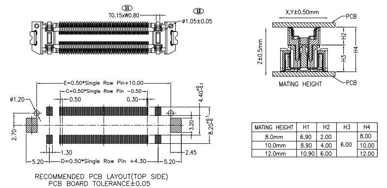 CONSHARE 0.50mm pitch vertical SMT BTB male connector technical dimensions and 3D model view