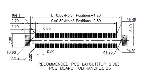 CONSHARE 0.80mm Vertical SMT BTB Plug Top PCB Footprint Layout with &plusmn;0.05mm PCB Tolerance Spec