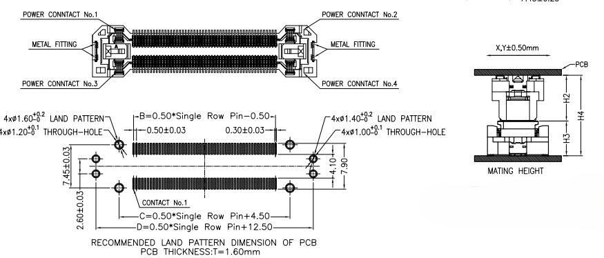 CONSHARE 0.5mm pitch floating vertical DIP BTB male 60pin recommended PCB land pattern drawing, with 4pcs power contact layout and X/Y &plusmn;0.5mm floating tolerance specification
